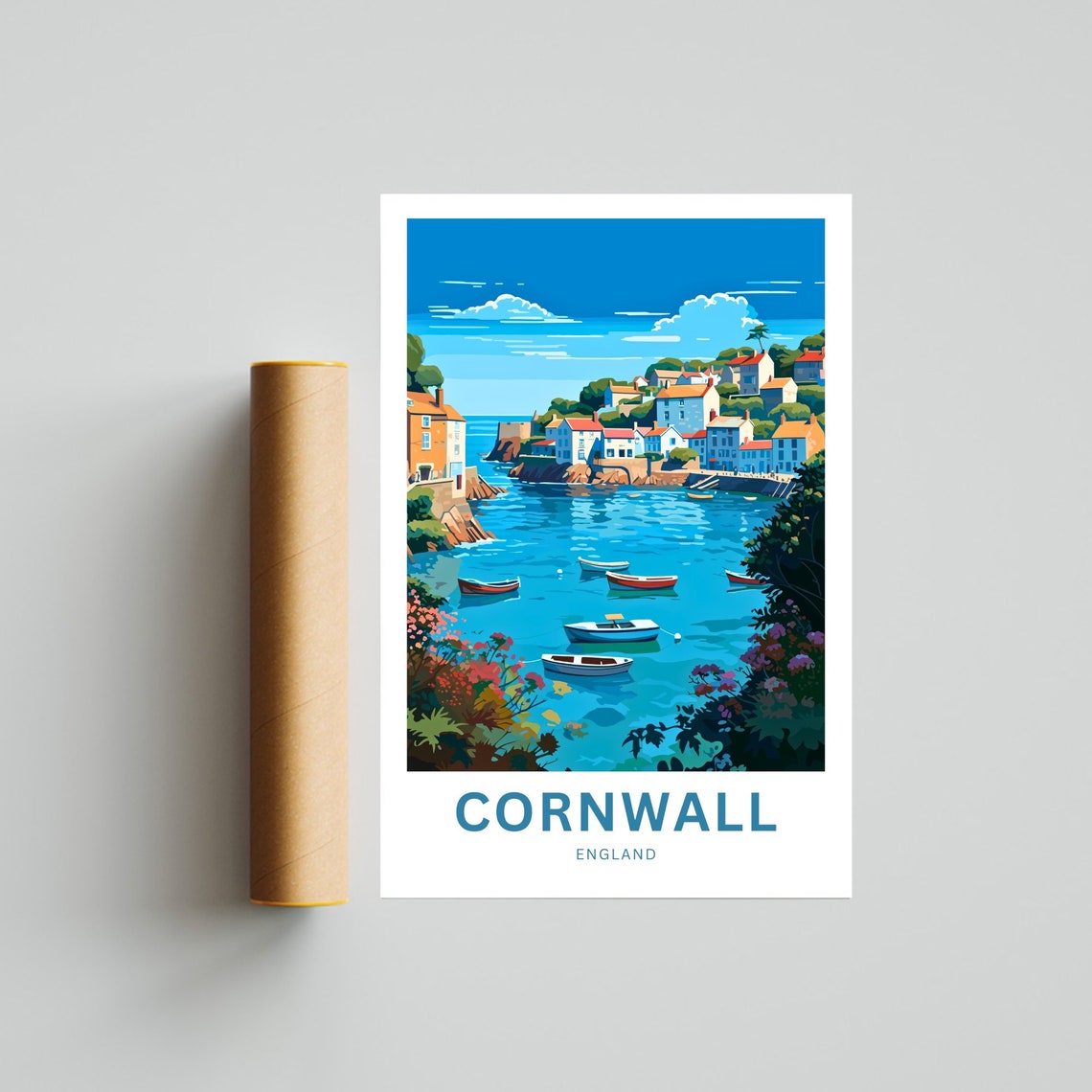 Cornwall England Charming Fishing Harbor Village Scene Poster - Image 4