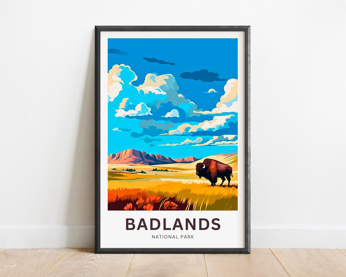 Badlands National Park Bison Prairie Retro Sunset Travel Poster