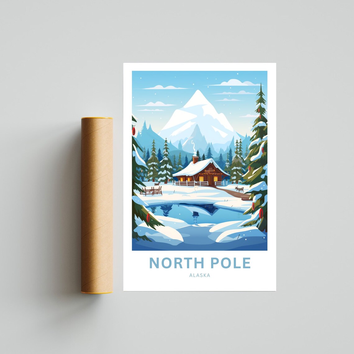 North Pole Alaska Snowy Cabin Reindeer Winter Wonderland Travel Poster - Image 4