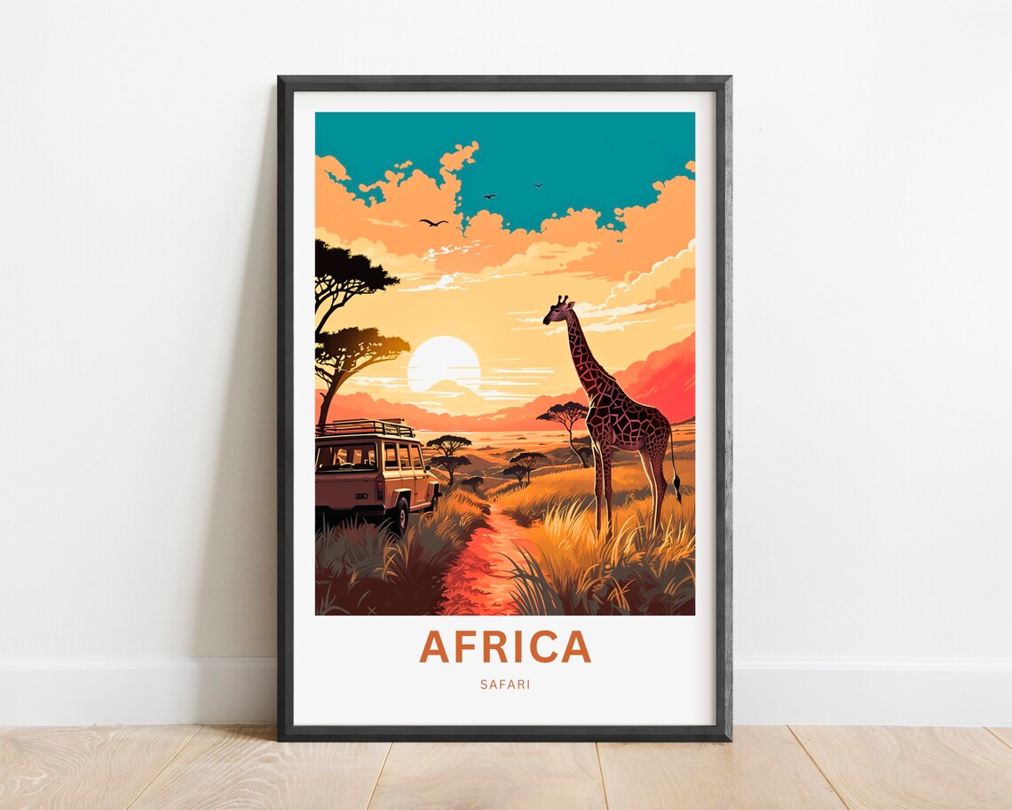 Africa Safari Giraffe and Jeep at Sunset Savanna Scene Poster