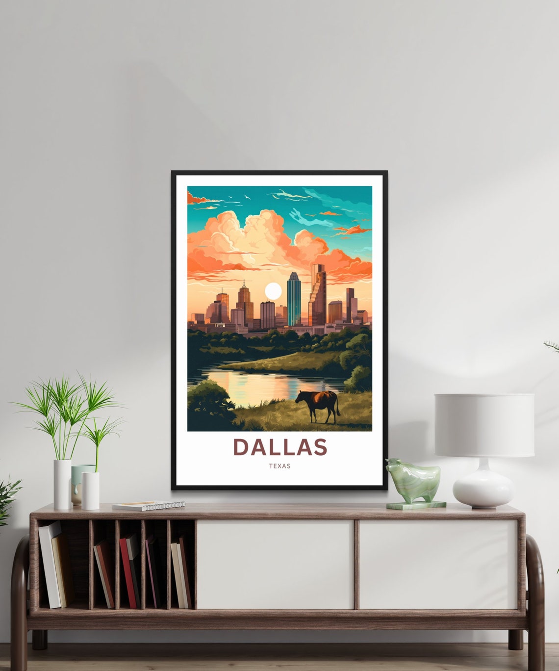Dallas Texas Skyline Horse Pasture Sunset Cityscape Travel Poster - Image 2