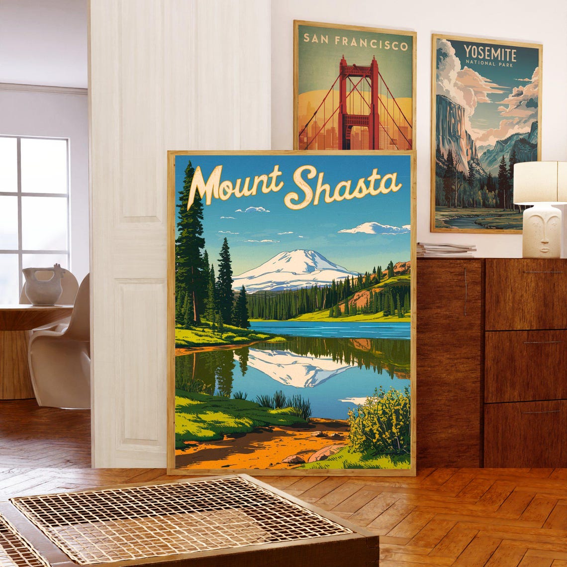 Mount Shasta California Lake Reflection Pine Forest Travel Poster - Image 5