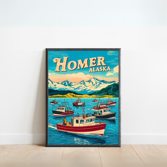Homer Alaska Fishing Boats Harbor Vintage Travel Poster Mountain Art