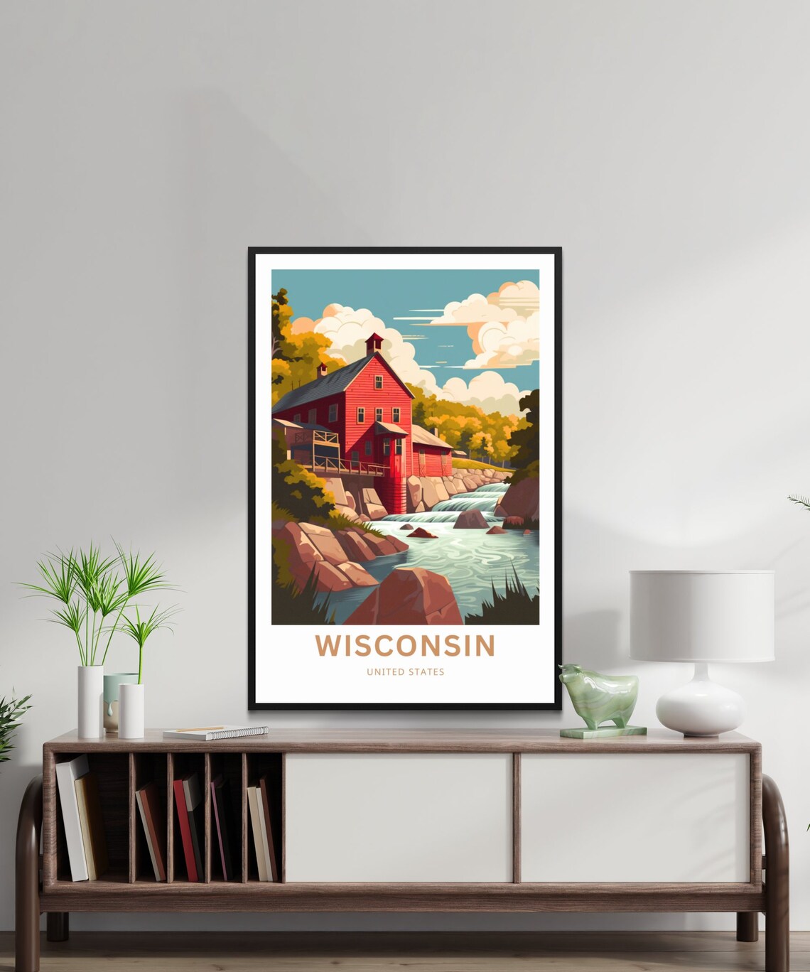 Wisconsin United States Historic Red Mill River Rapids Travel Poster - Image 2