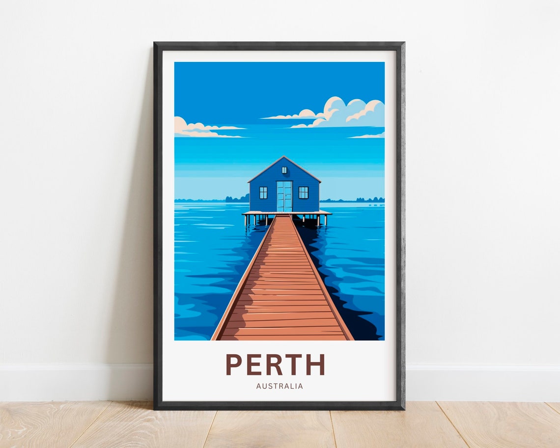 Perth Australia Blue Boathouse Jetty River Water Travel Poster