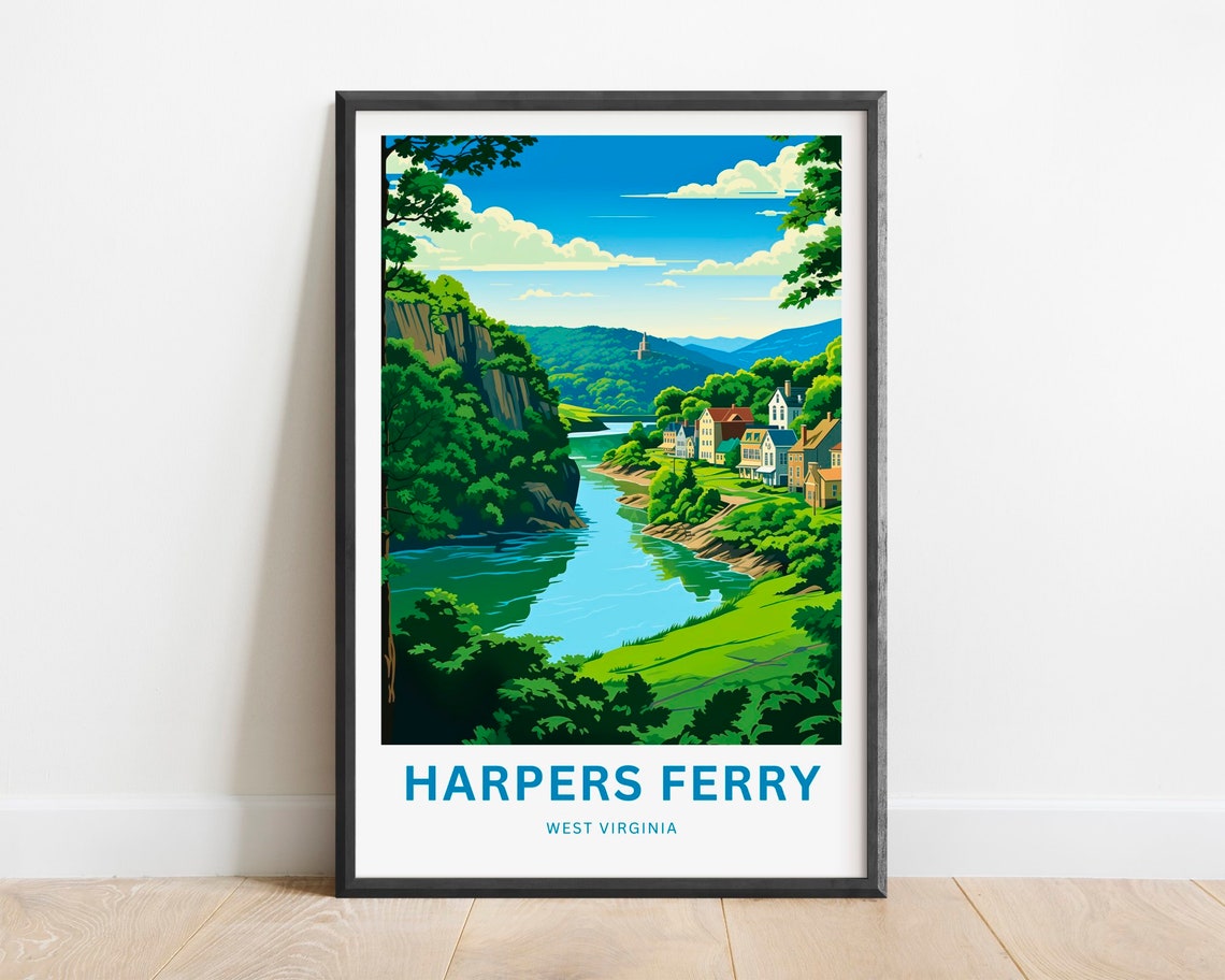 Harpers Ferry West Virginia River Valley Cliff Town Travel Poster