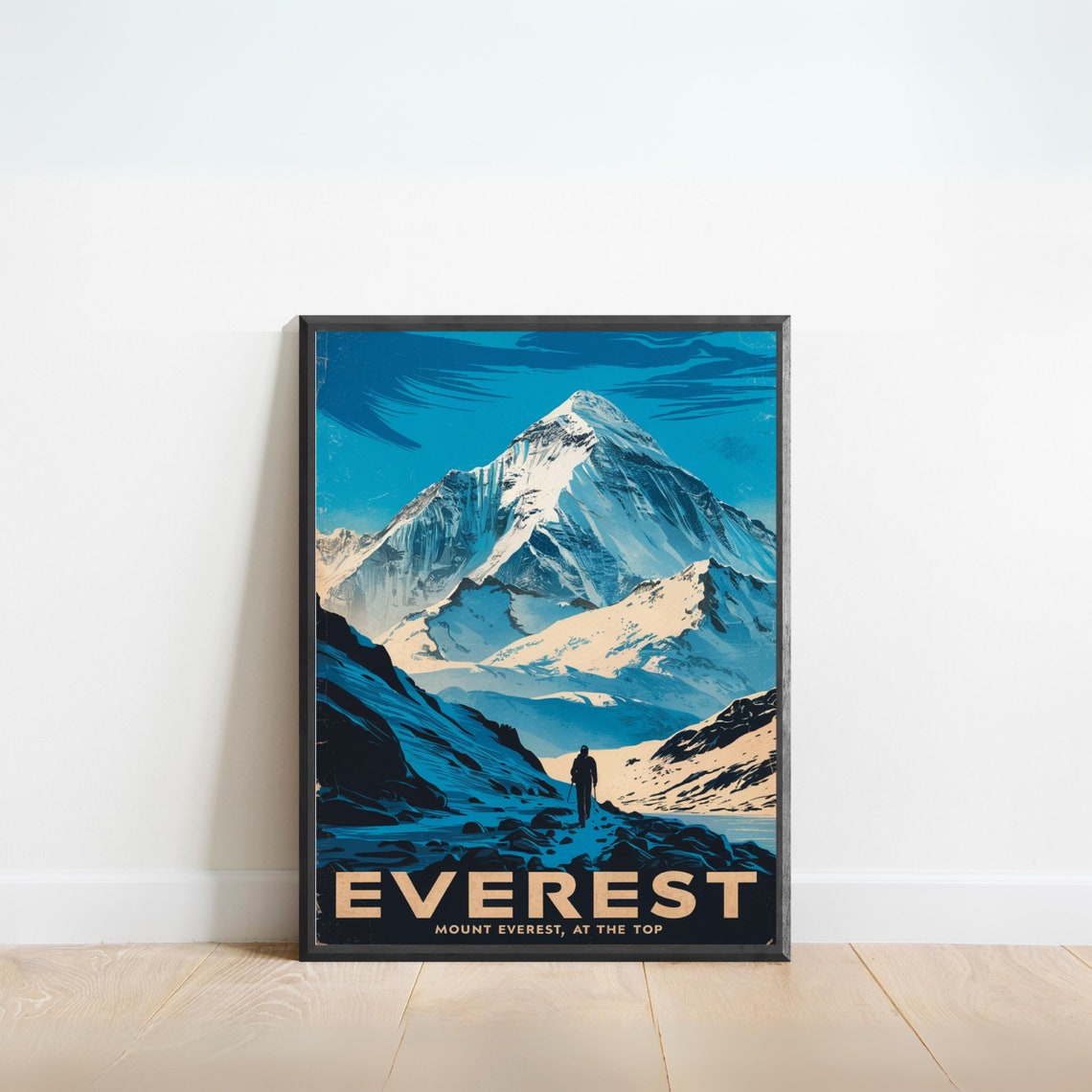 Everest At The Top Climber Rocky Ridge Blue Shadow Vintage Poster