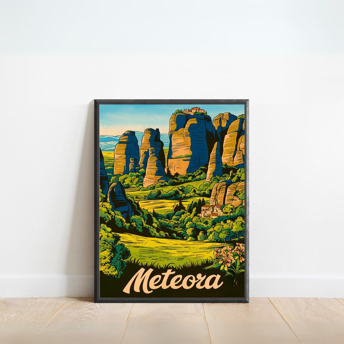 Meteora Greece Retro Scenic Vintage Rock Monasteries Travel Poster