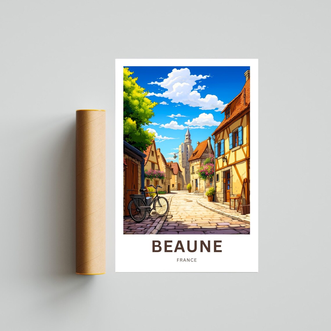 Beaune France Poster with Cobblestone Village Street and Bike Art - Image 4