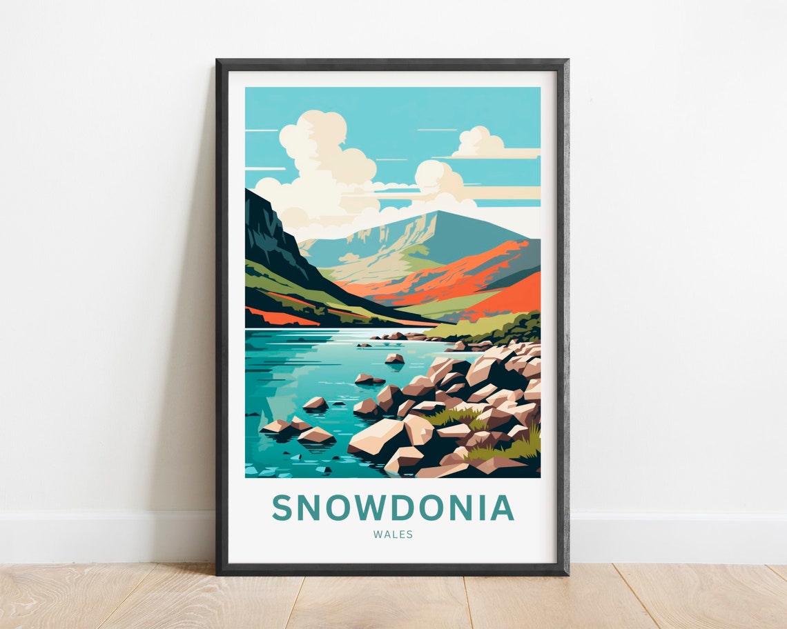 Snowdonia Wales Mountain Lake Rocky Shoreline Scenic Travel Poster