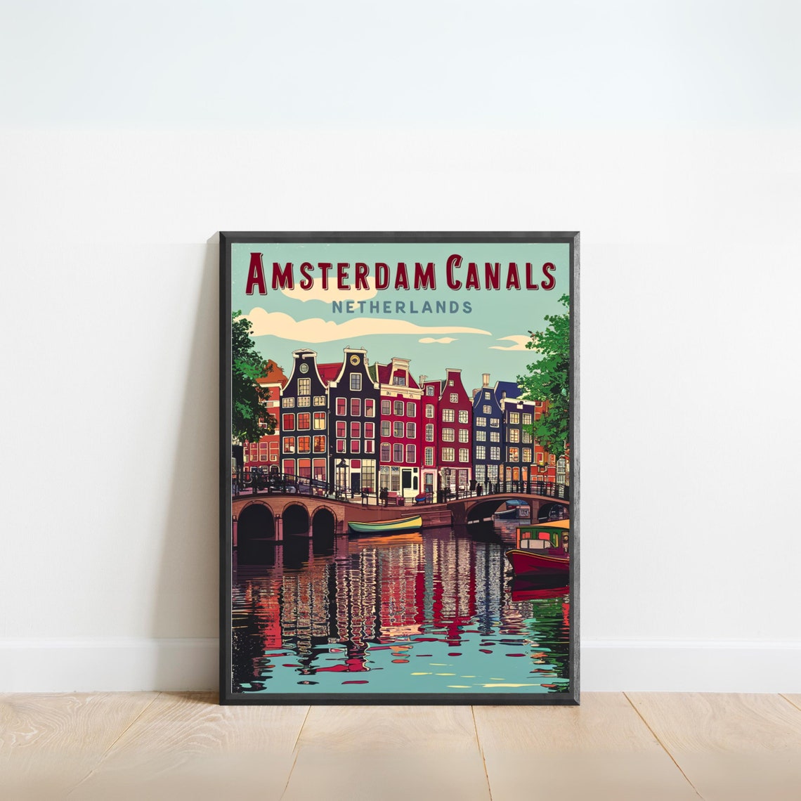 Amsterdam Canals Netherlands Bridge Canal Boat Reflection Poster