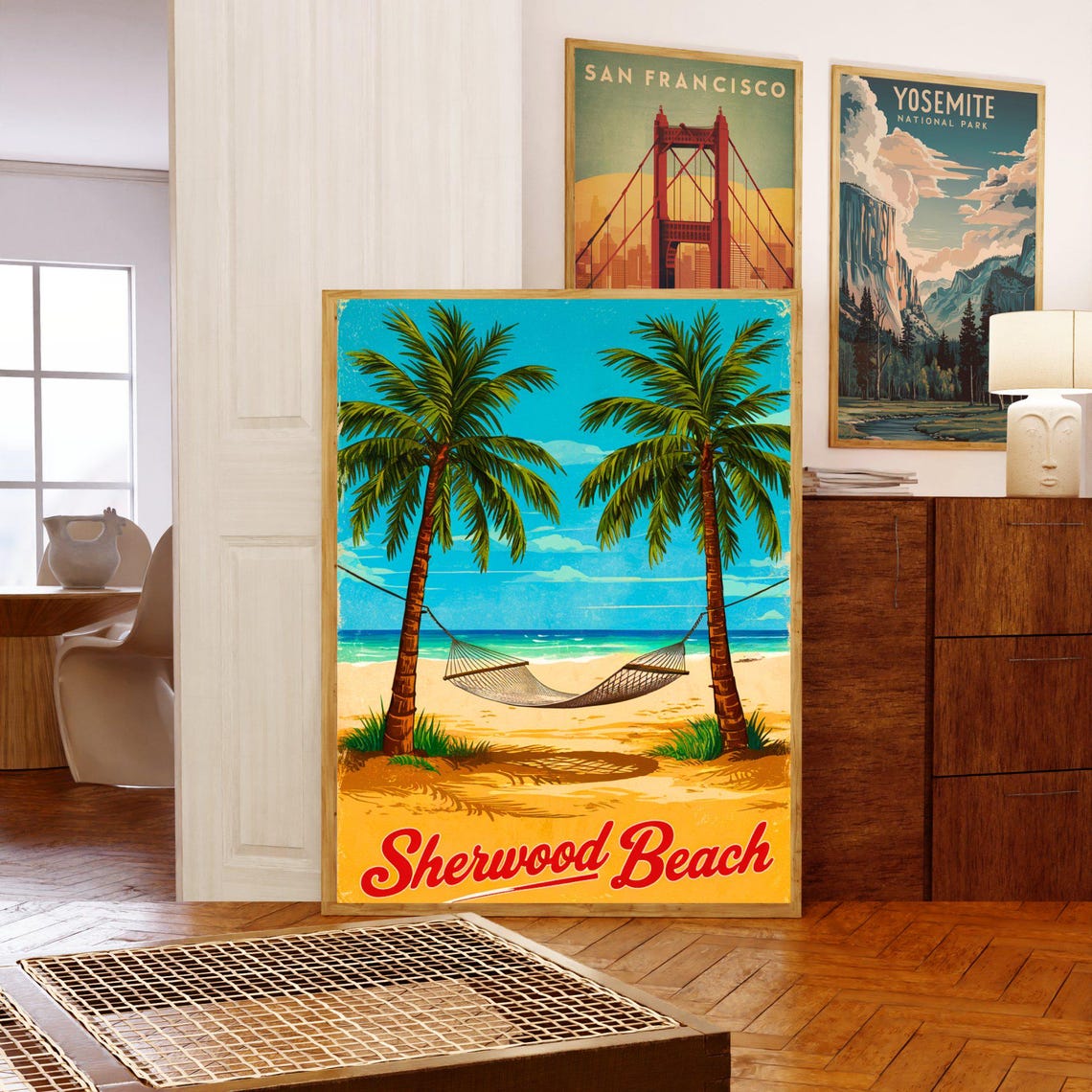Sherwood Beach Vintage Style Palm Hammock Beach Scene Poster - Image 5
