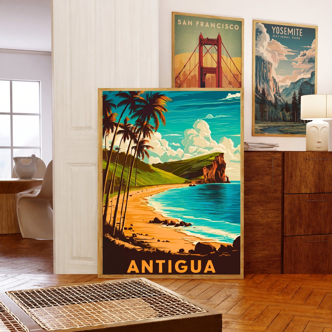 Antigua Vintage Caribbean Palm Beach Golden Cliffs Sunset Poster - Image 5
