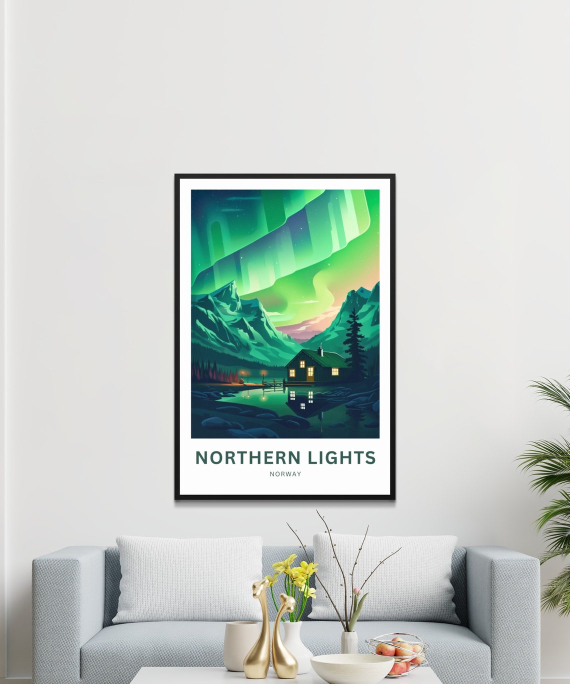 Northern Lights Norway Aurora Lake Cabin Night Sky Art Poster - Image 3