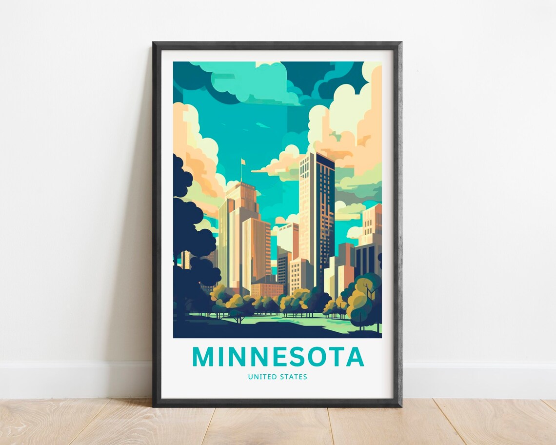 Minnesota United States Travel Poster City Skyline Sunset Wall Decor