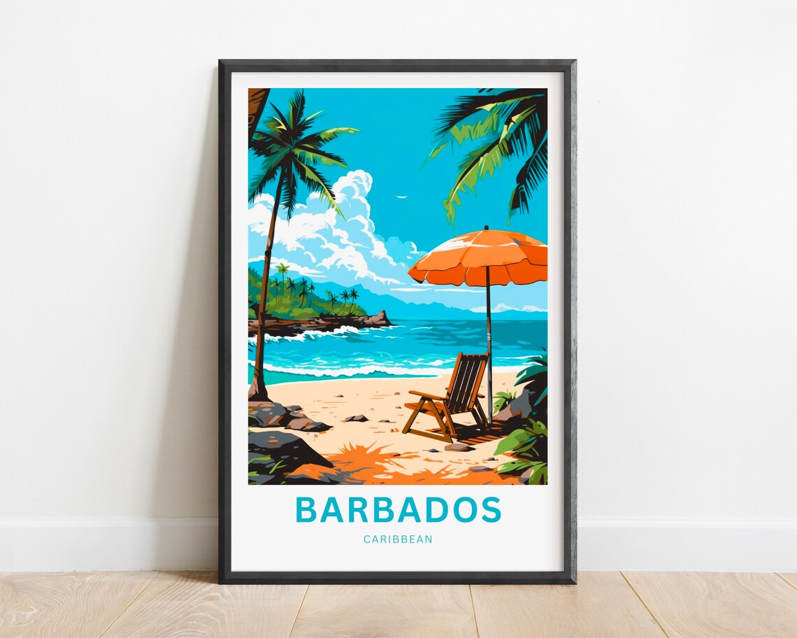 Barbados Caribbean Sunny Beach Chair Umbrella Scene Travel Poster