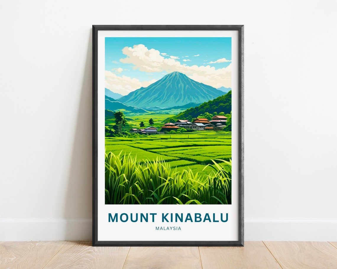 Mount Kinabalu Malaysia Green Rice Paddies Village Travel Poster