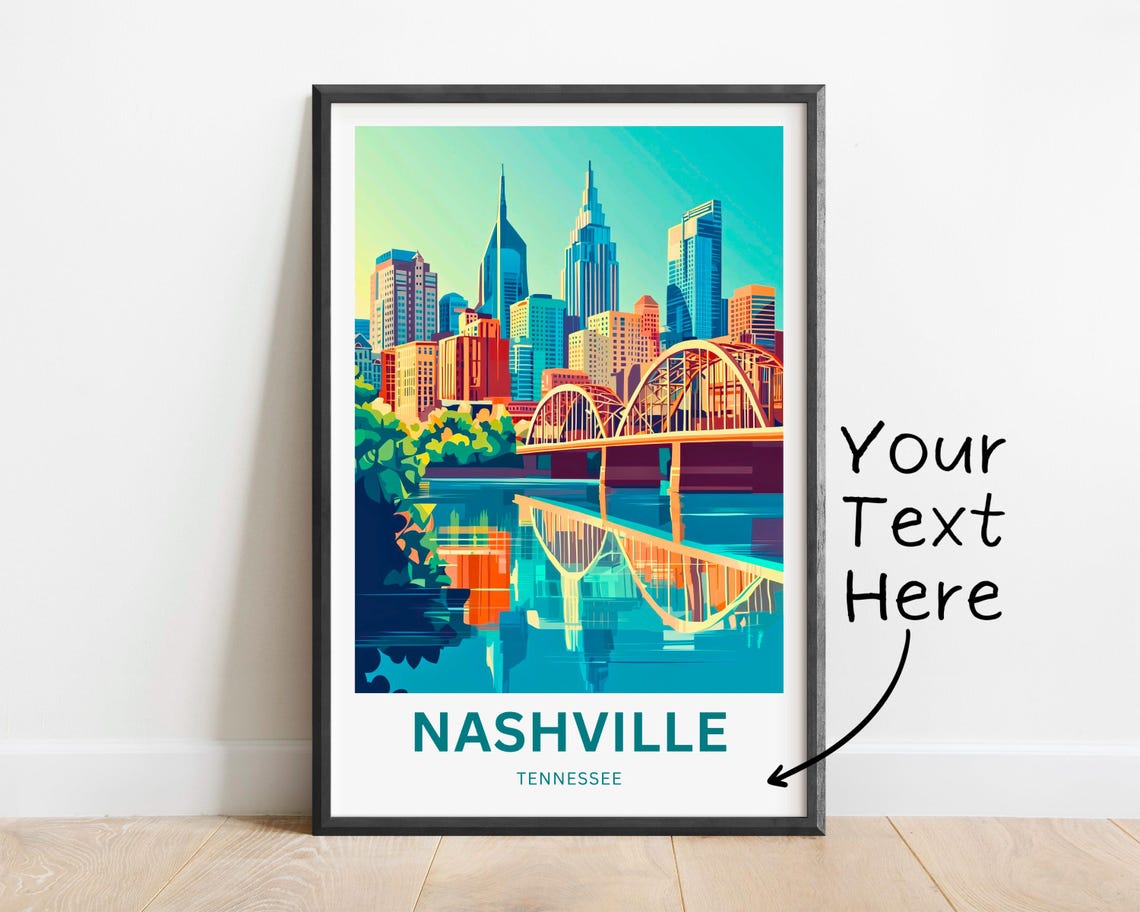 Nashville Tennessee Downtown Skyline Bridge River Travel Poster - Image 2