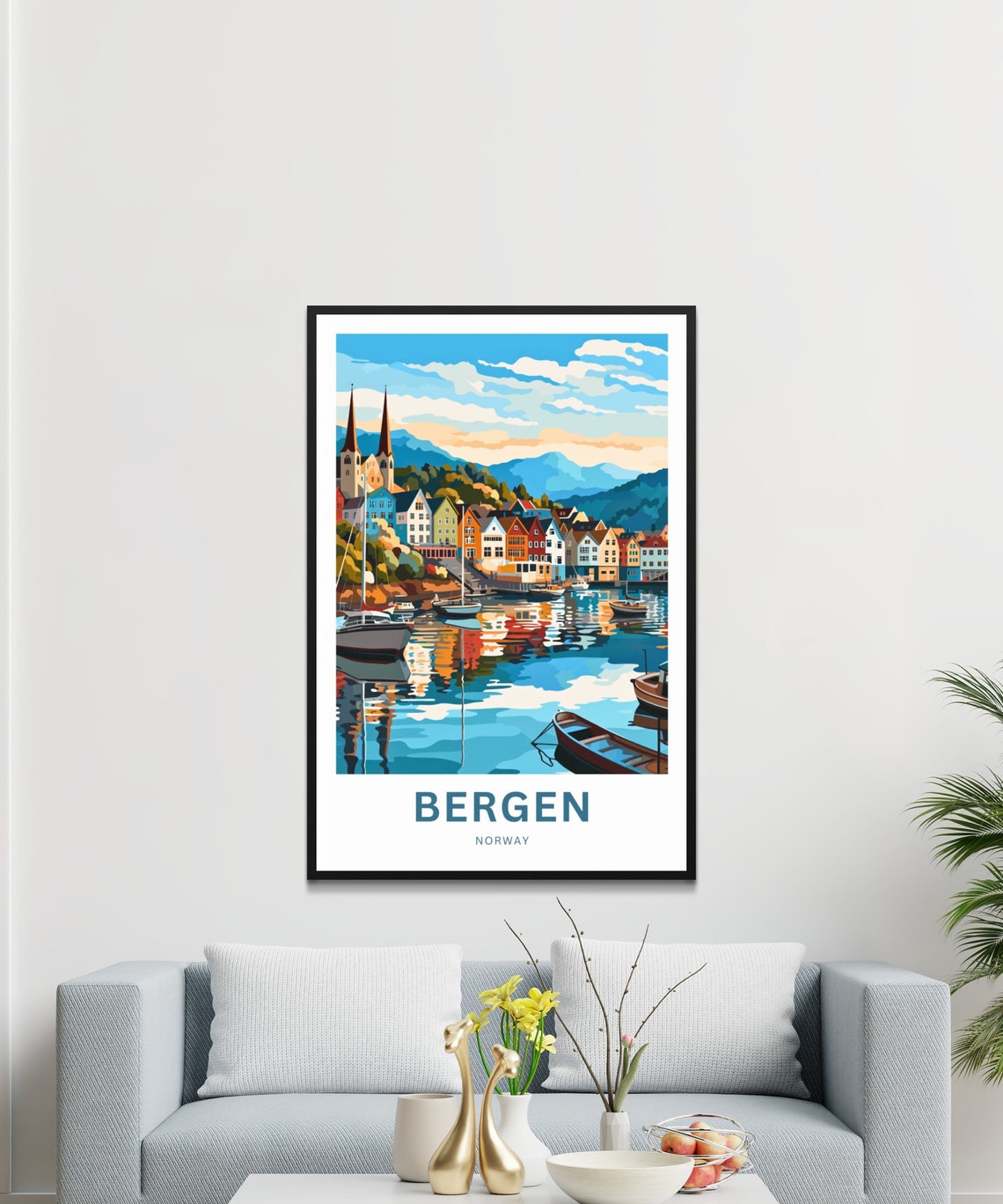 Personalized Bergen Norway Harbor Colorful Waterfront Poster - Image 3