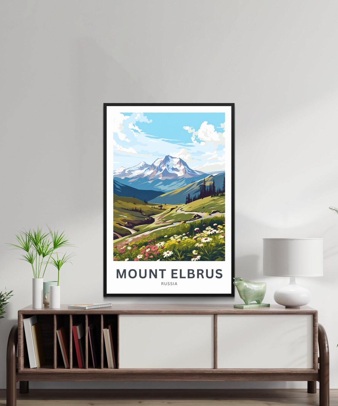 Mount Elbrus Russia Snowy Peaks Wildflower Meadow Scene Travel Poster - Image 2