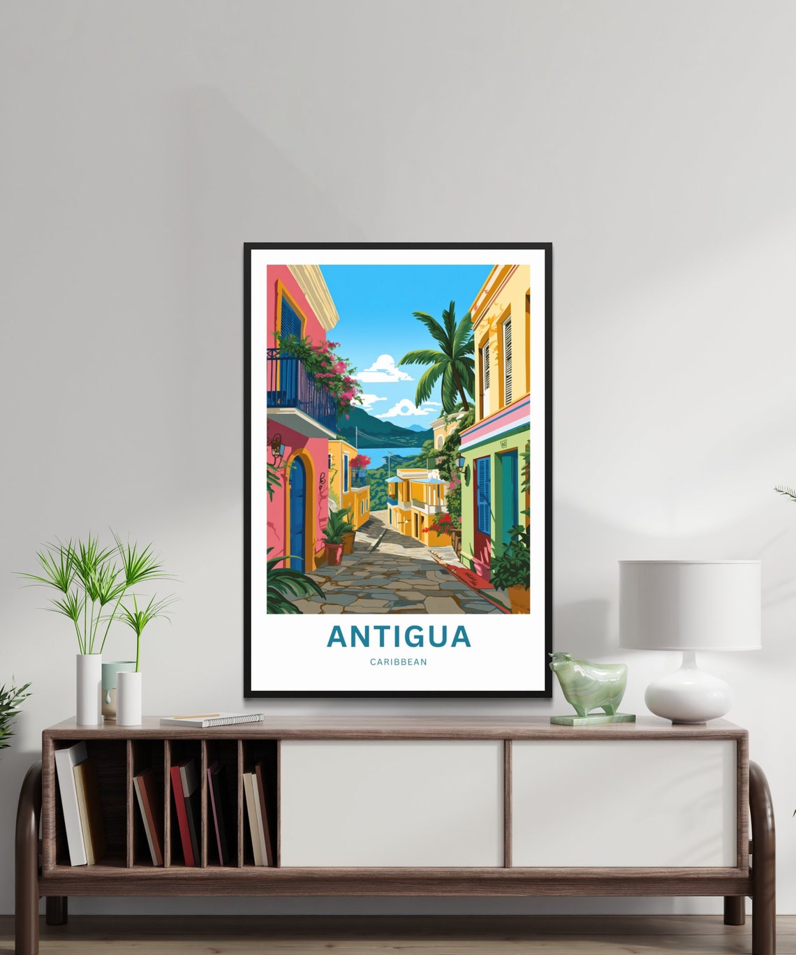 Antigua Caribbean Palm Lined Cobblestone Lane Scene Travel Poster - Image 2