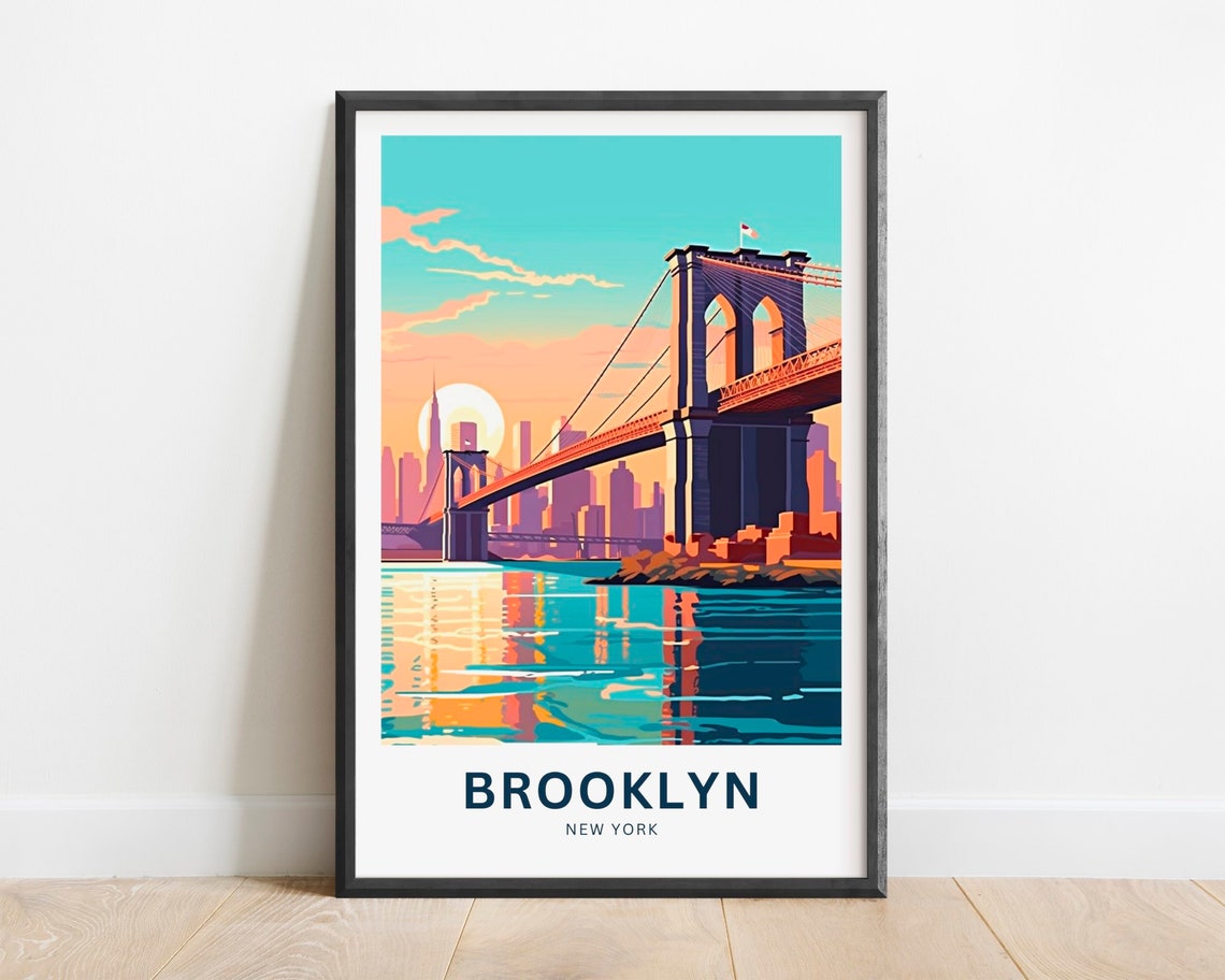 Brooklyn New York Sunset Bridge Skyline Reflection Travel Poster