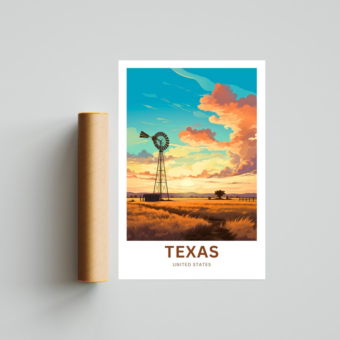 Texas Ranch Windmill At Golden Sunset Wheat Field Travel Poster - Image 4