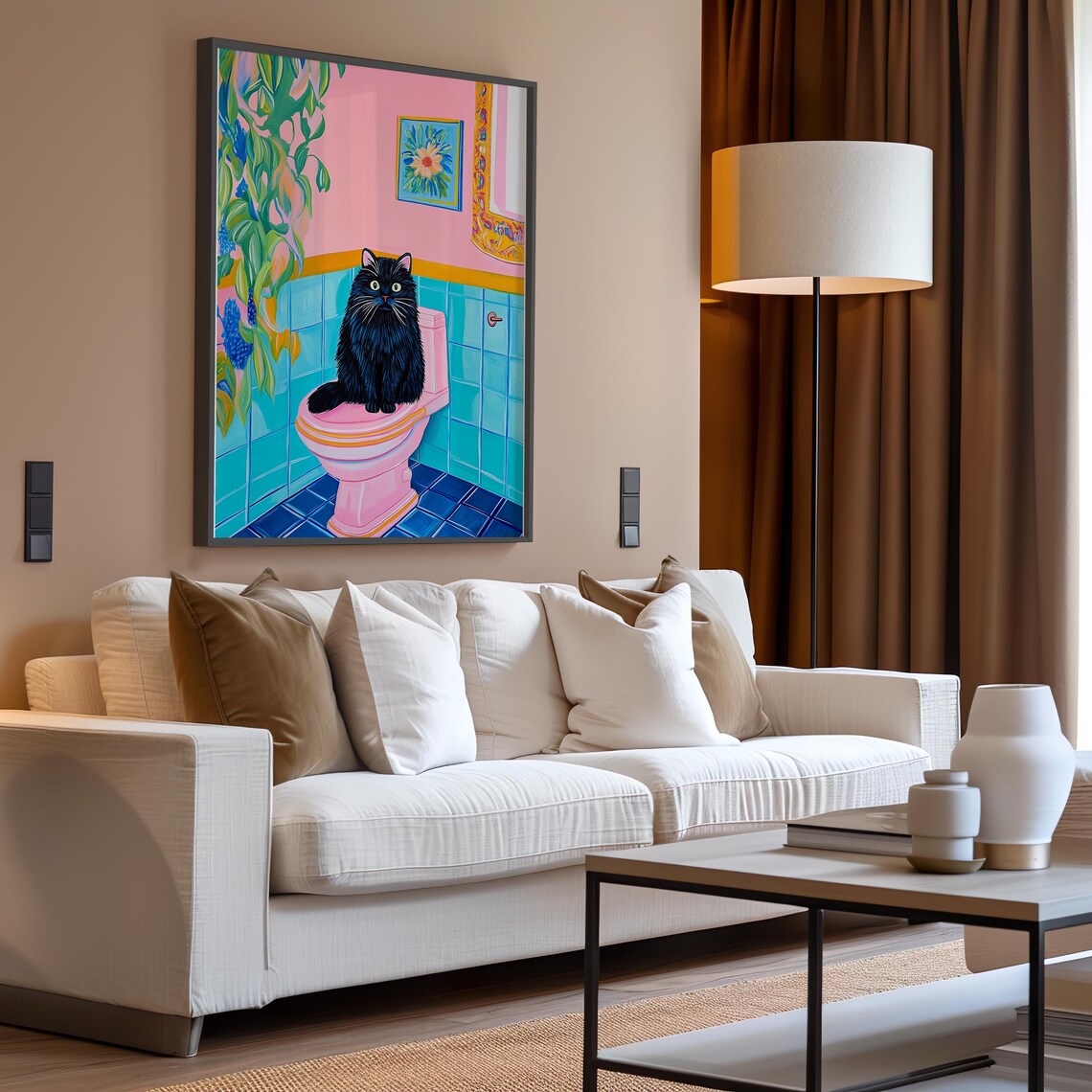 Black Cat On Pink Toilet In A Colorful Retro Pastel Bathroom Poster - Image 2