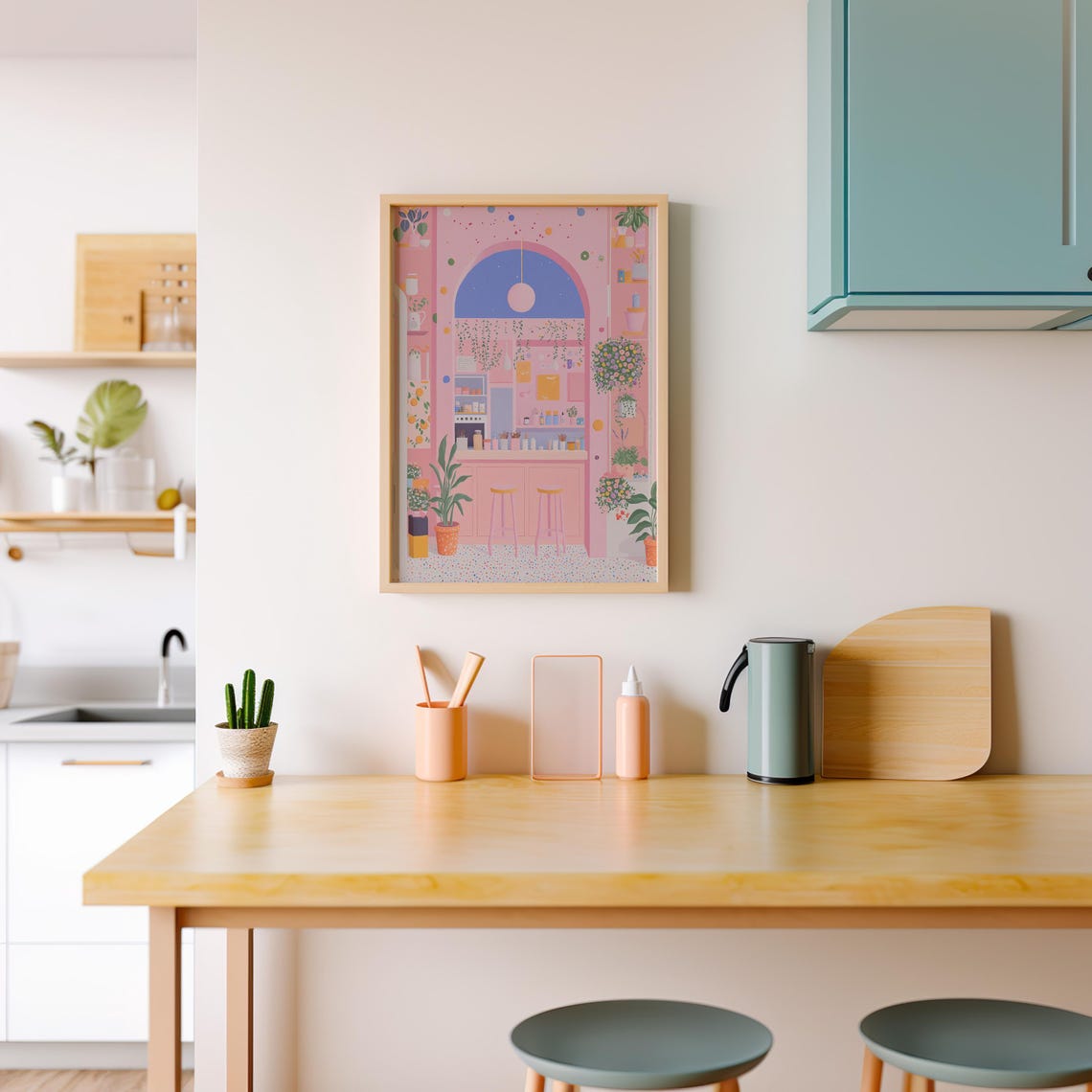 Pink Coffee Shop Interior With Arched Window Illustration Poster - Image 4
