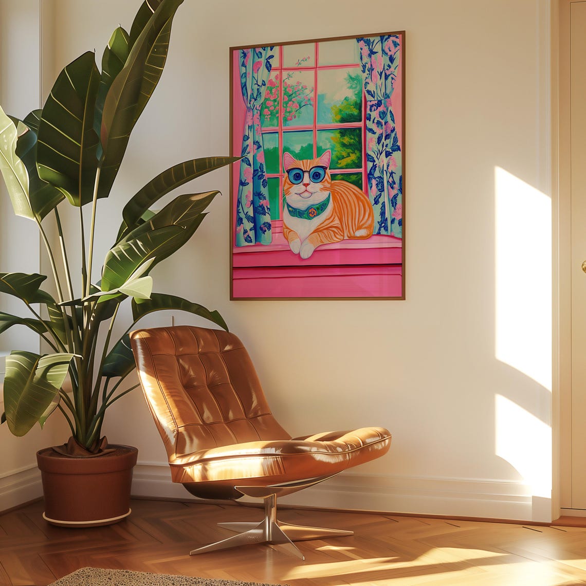 Orange Tabby Cat Wearing Glasses On A Pink Windowsill Poster - Image 3