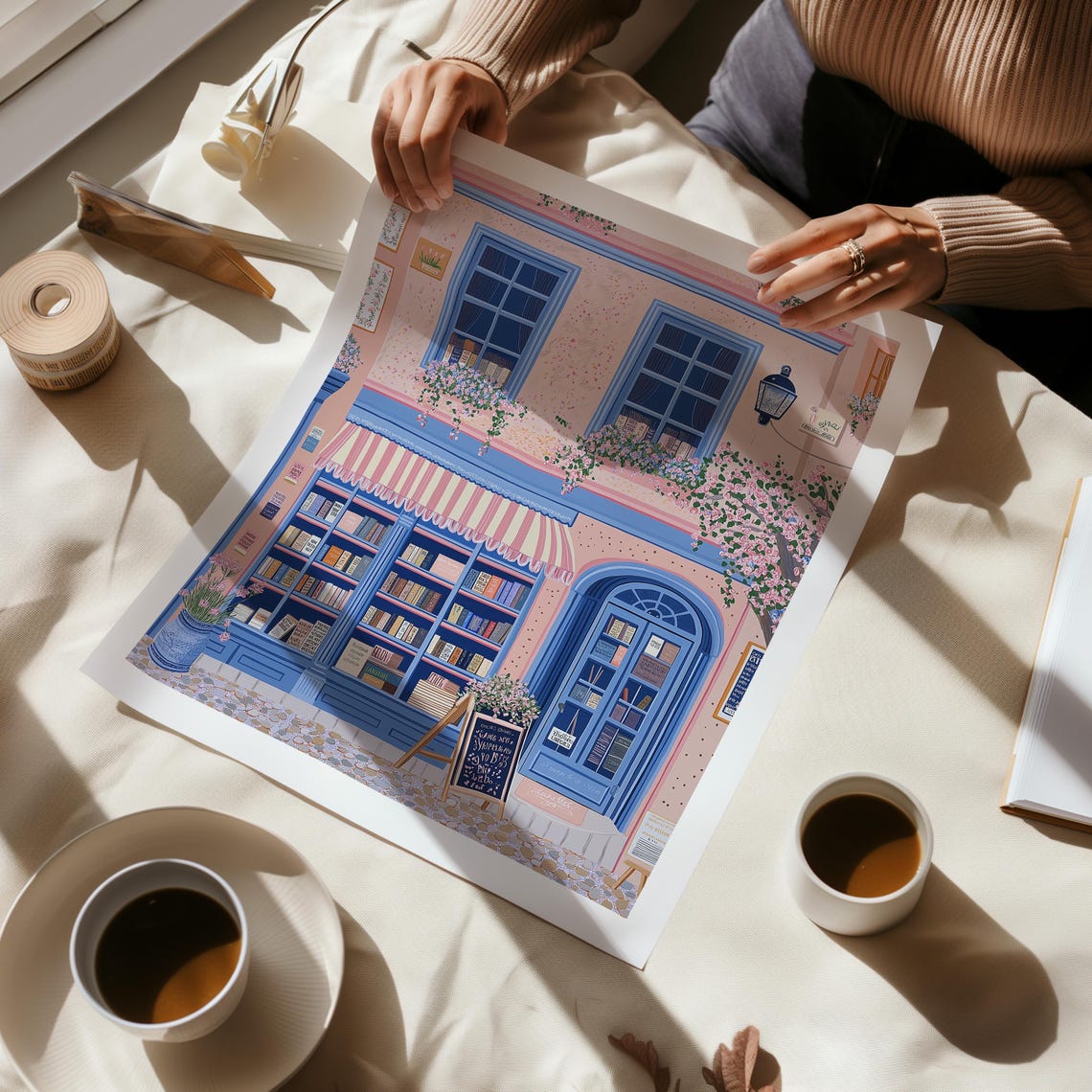 Blue Bookshop Facade With Striped Awning And Blossom Tree Art Poster - Image 6