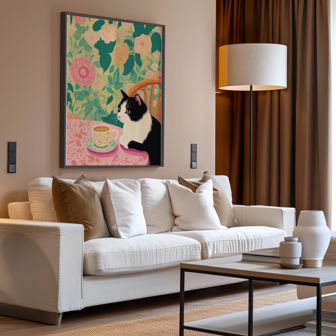 Black And White Cat Holding A Tea Cup At A Floral Table Poster - Image 4