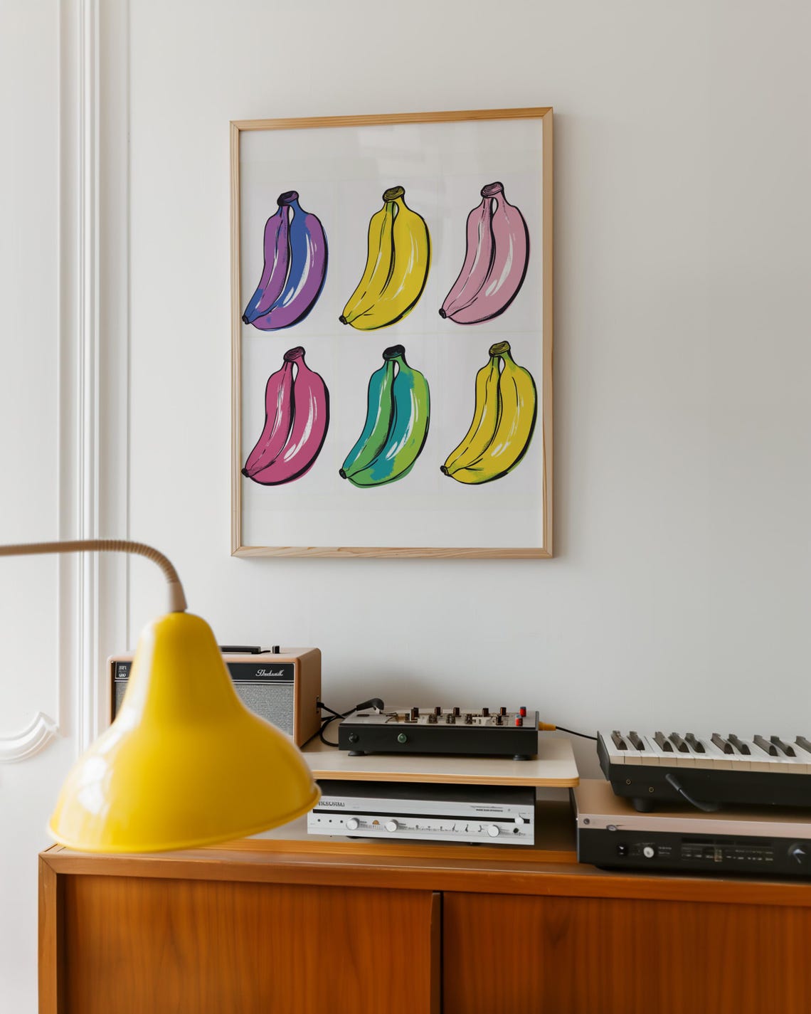 Six Pop Art Bananas in Bold Colors on a White Grid Design Wall Art - Image 6