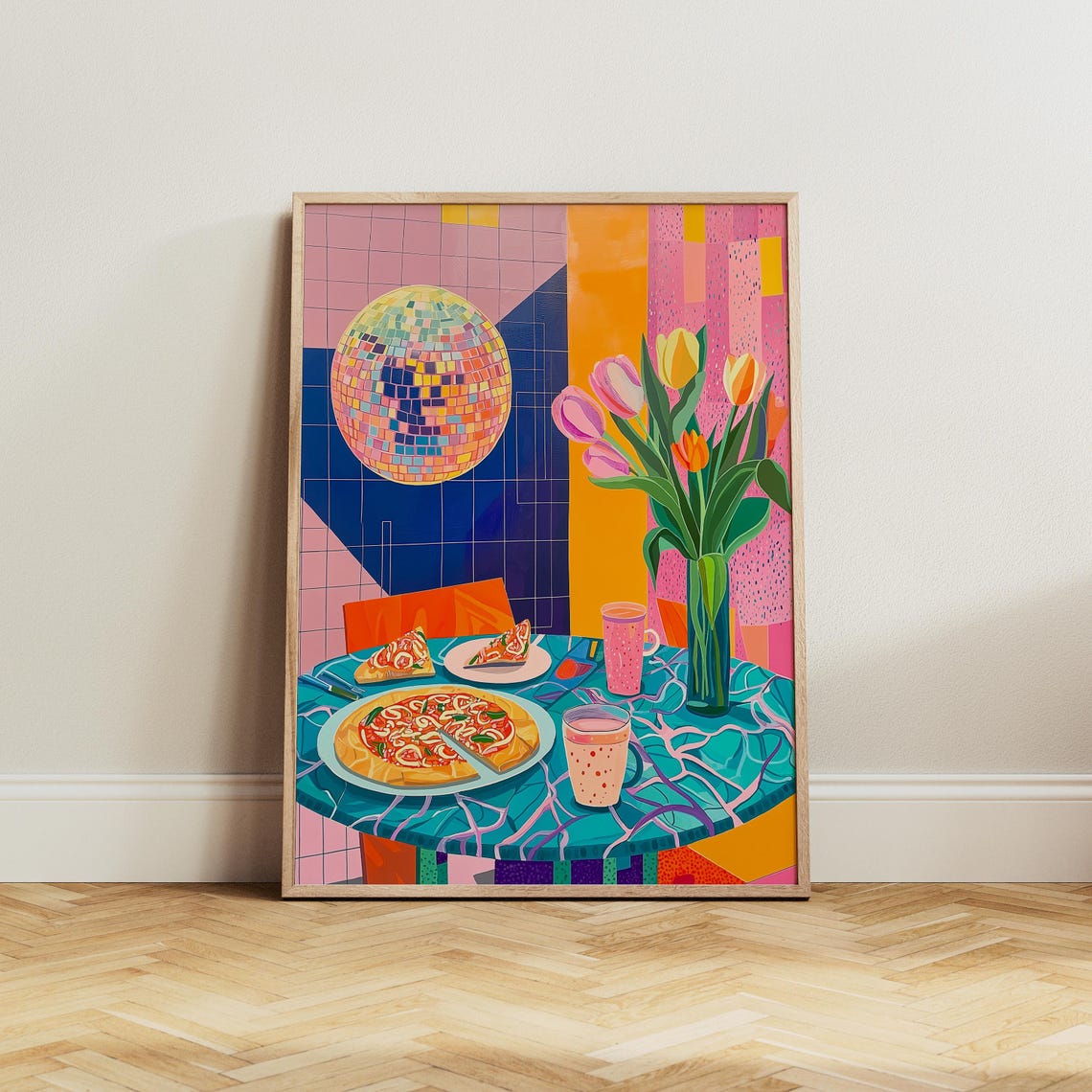 Retro Pizza Night Scene With Disco Ball and Fresh Tulips Wall Art - Image 5