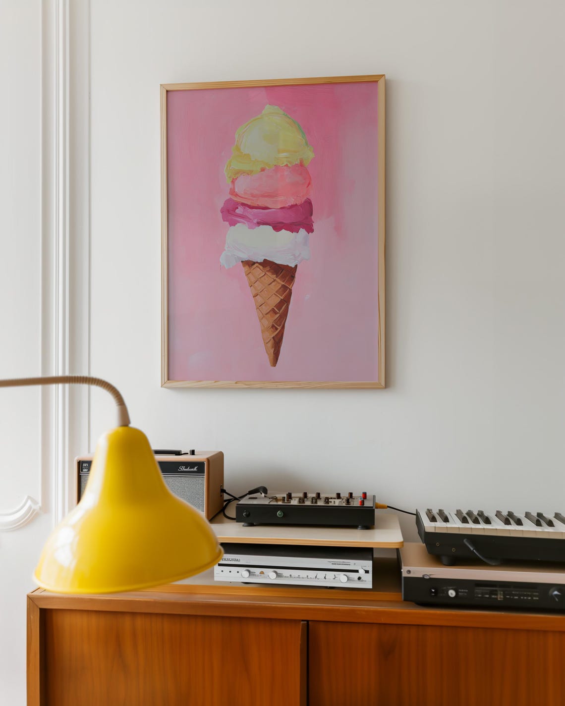 Triple Scoop Pastel Ice Cream Cone On A Pink Painterly Art Poster - Image 6