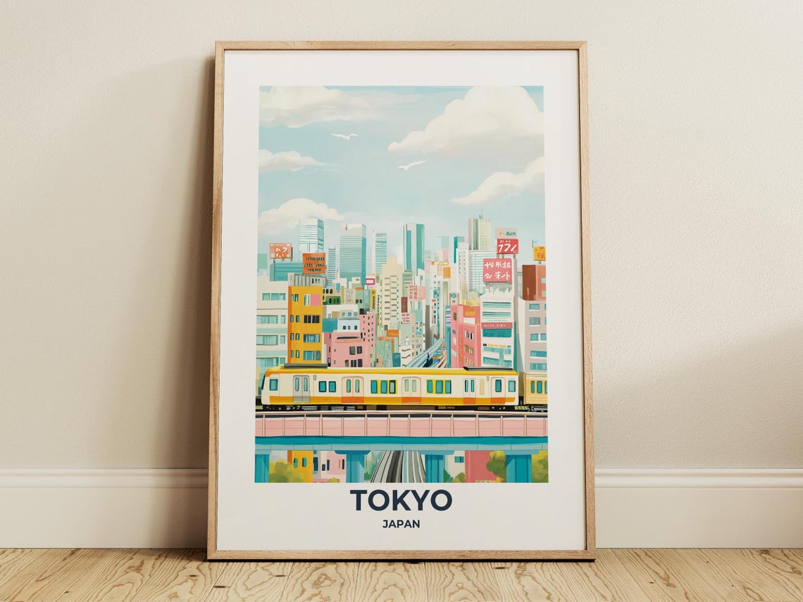 Tokyo City Skyline with a Yellow Elevated Train Travel Poster