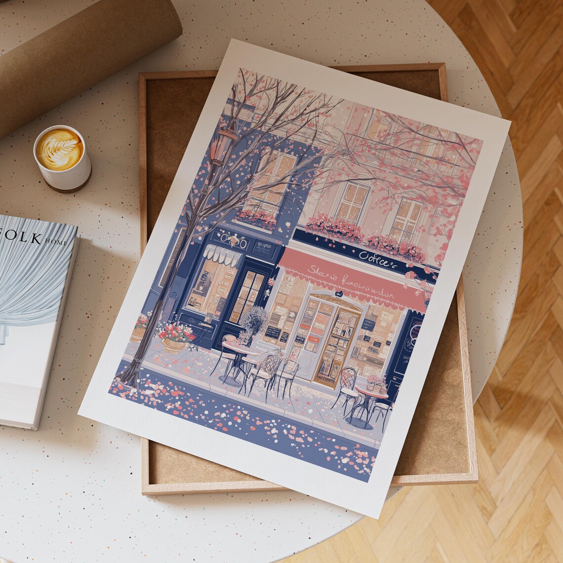 Coffee and Bookshop Row in a Spring Blossom Street Art Poster - Image 5