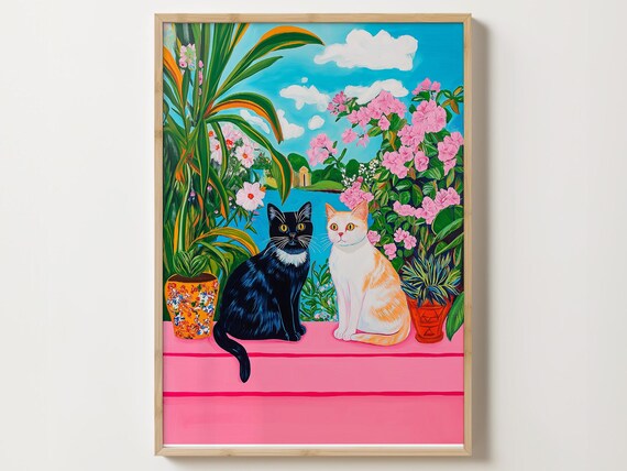 Two Cats Sitting Among Tropical Flowers Overlooking The Sea Poster