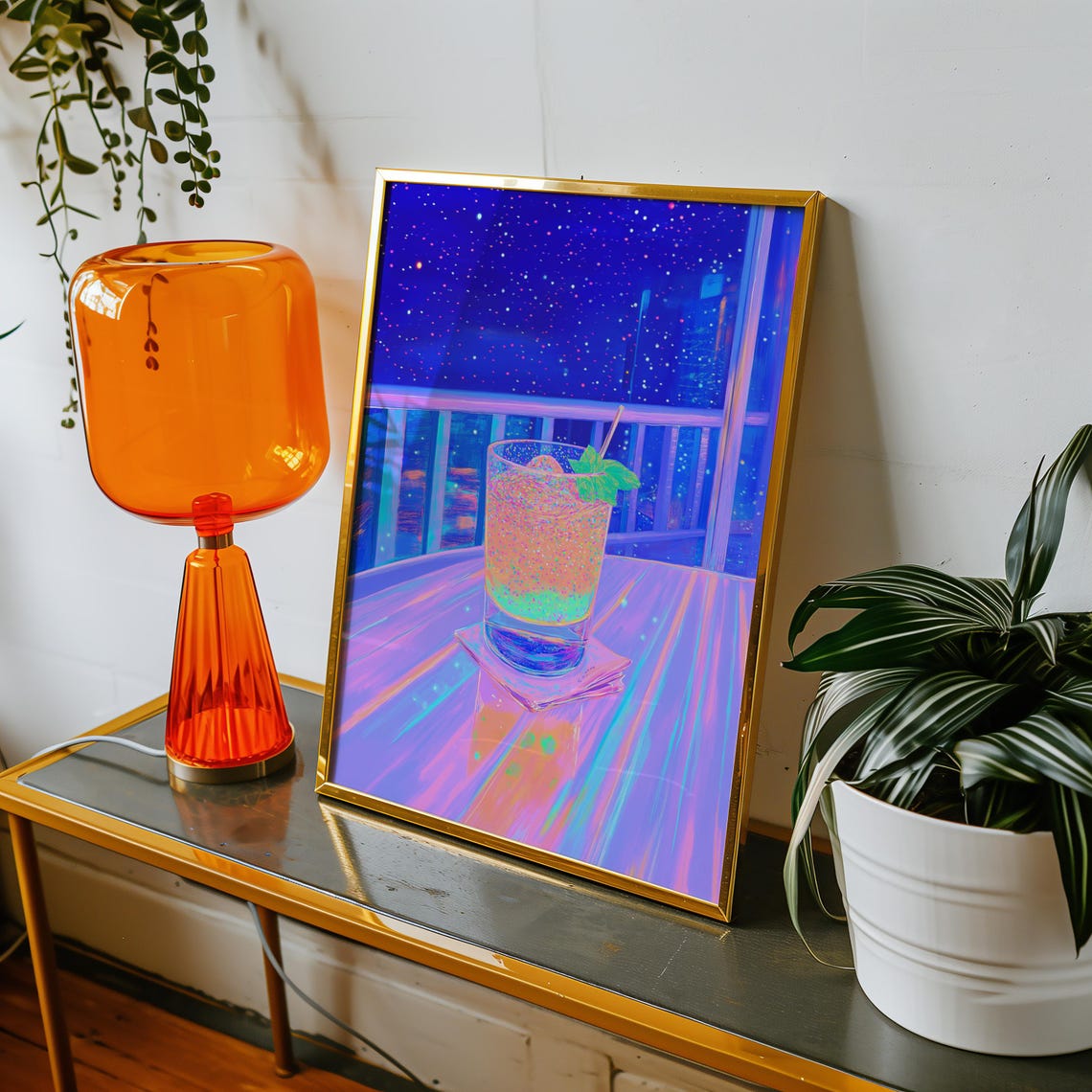 Neon Night Cocktail Glass With Mint on a Balcony Table Poster - Image 3