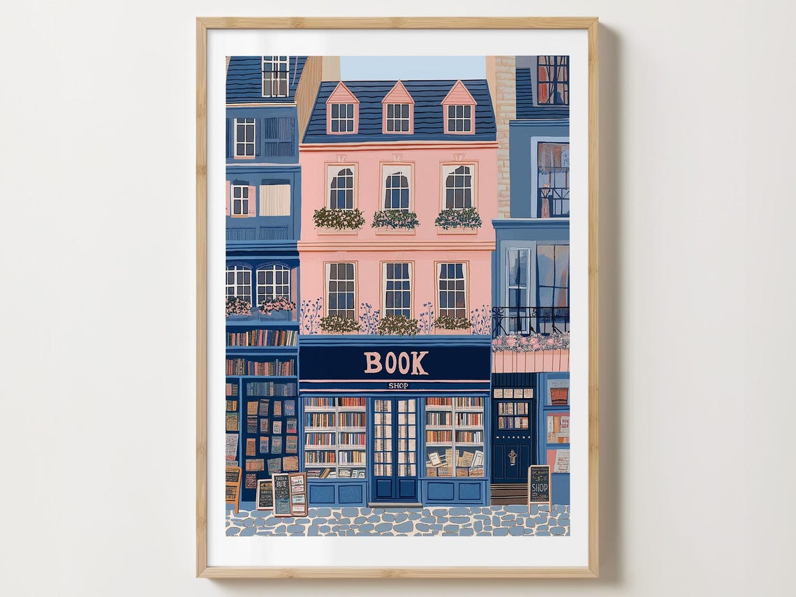 Blue Book Shop Facade With Full Shelves And Pink Building Poster