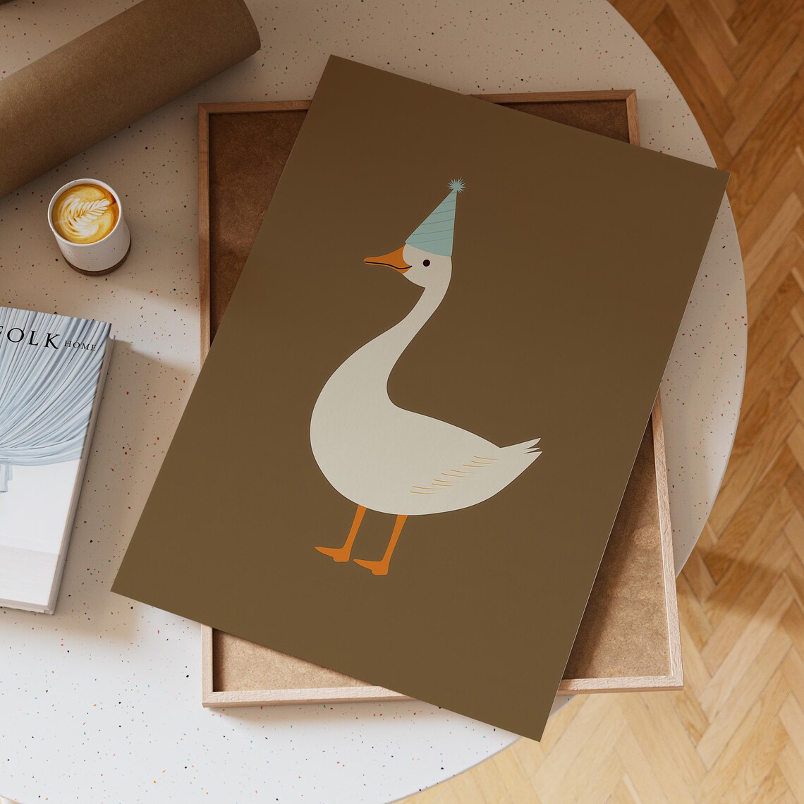 White Goose In A Blue Party Hat On A Warm Brown Minimal Art Poster - Image 6