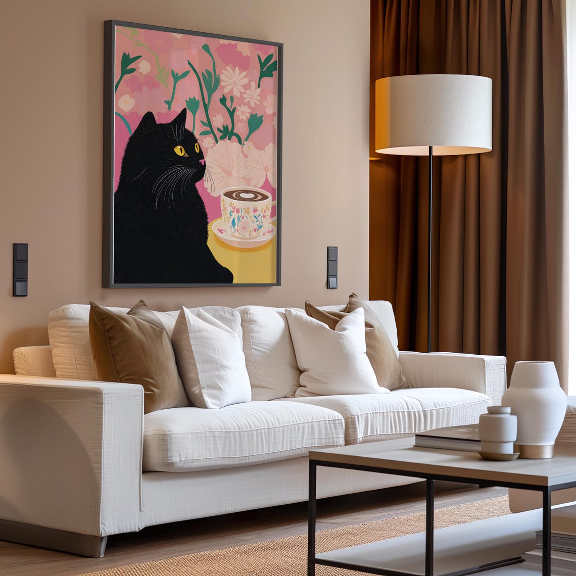 Black Cat Beside A Coffee Cup On A Pink Floral Background Poster - Image 4