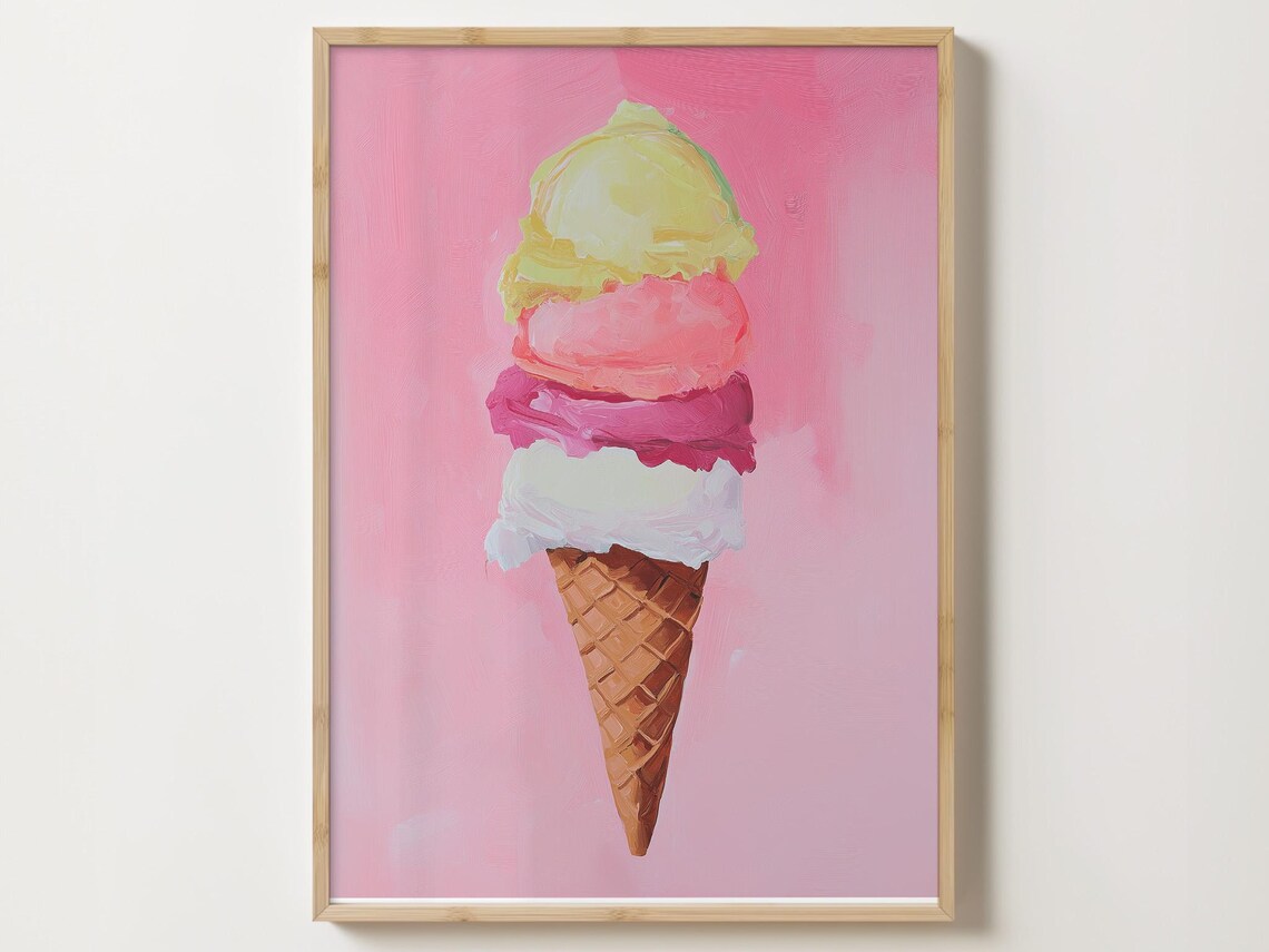 Triple Scoop Pastel Ice Cream Cone On A Pink Painterly Art Poster