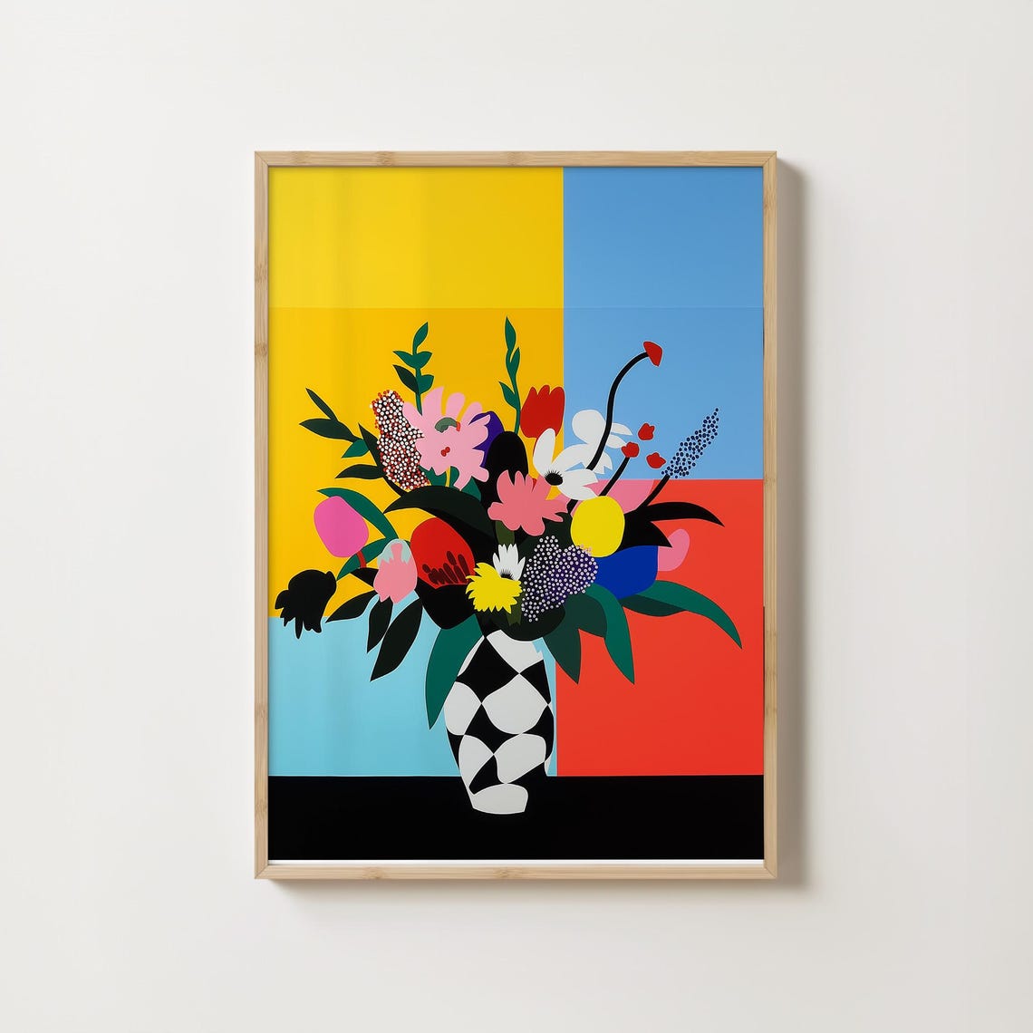 Bold Color Block Flower Bouquet in a Checkered Vase Wall Art - Image 2