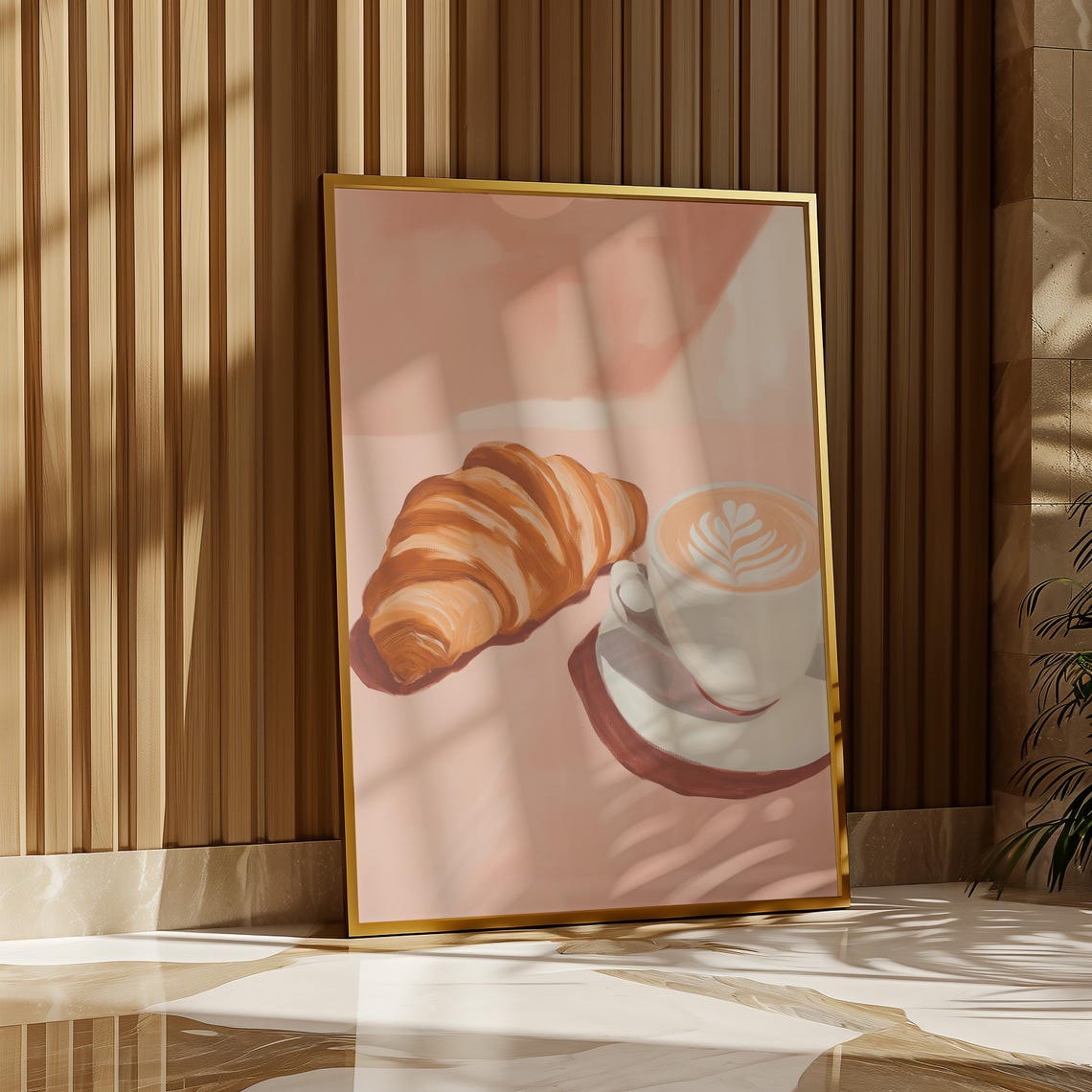 Buttery Croissant And Latte Art Coffee On A Soft Pink Cafe Wall Poster - Image 2
