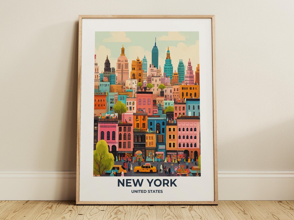 New York City Colorful Cartoon Skyline with Yellow Taxi Poster