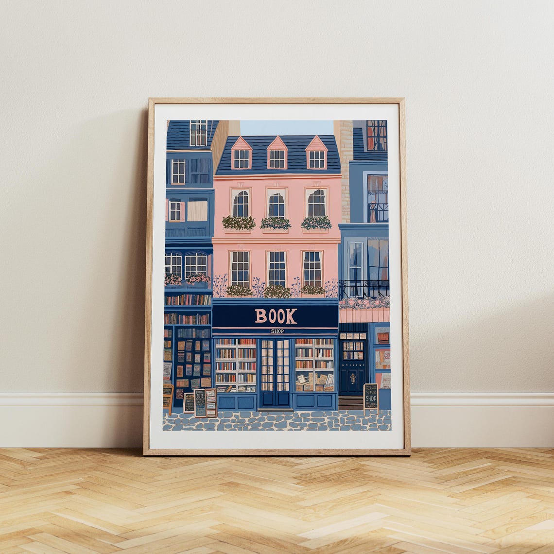 Blue Book Shop Facade With Full Shelves And Pink Building Poster - Image 3