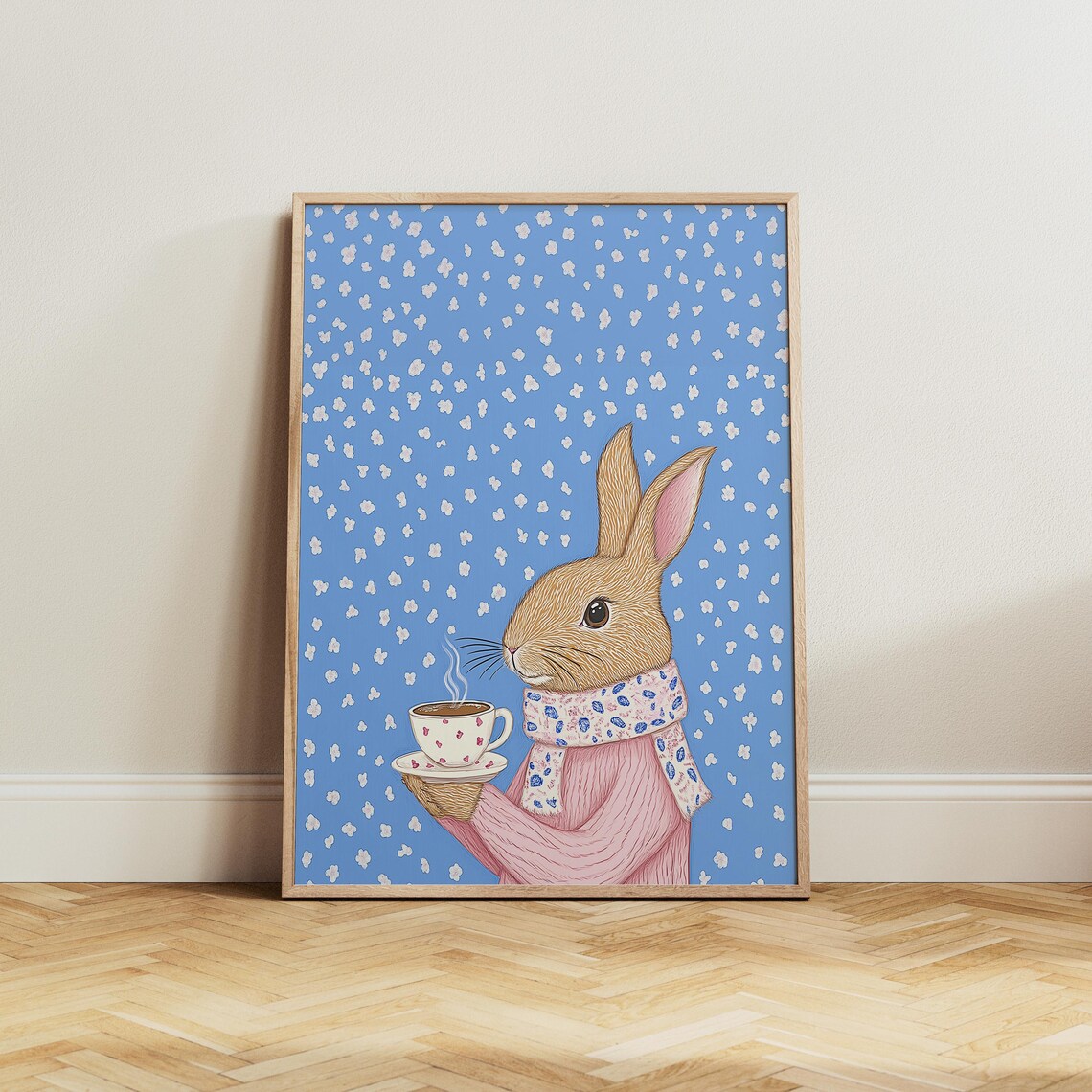 Cozy Rabbit In A Pink Sweater Holding A Hot Cup Of Tea Poster - Image 6