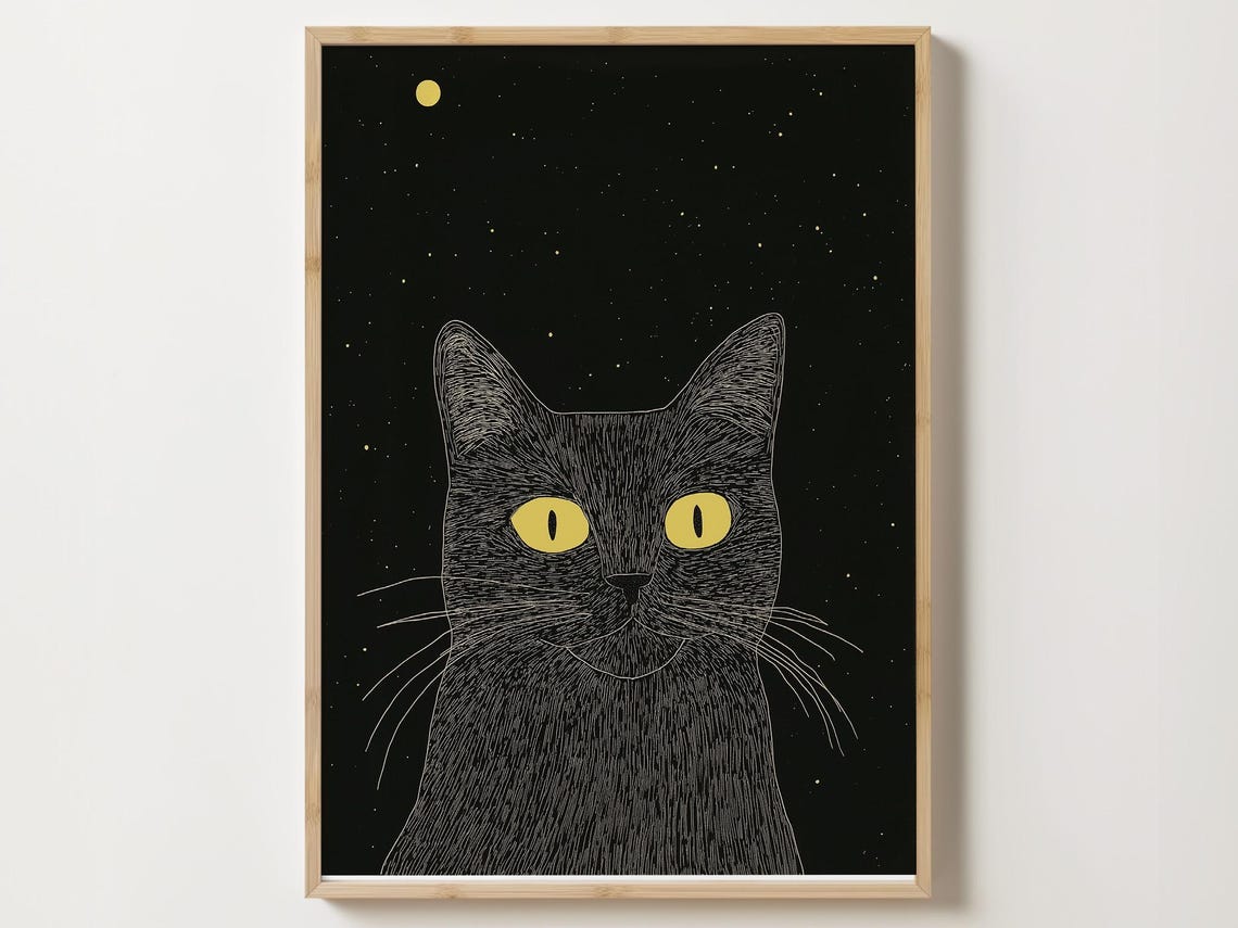 Black Cat With Yellow Eyes Staring Under A Starry Night Sky Poster