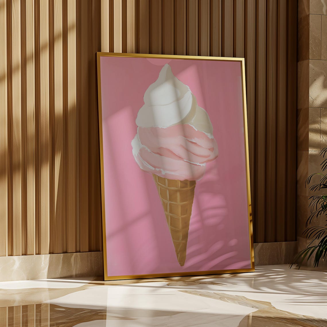 Strawberry And Vanilla Soft Serve Ice Cream Cone On Pink Wall Poster - Image 2
